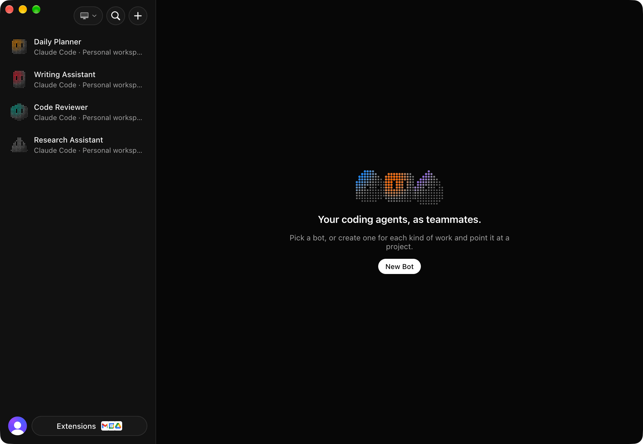 Codync desktop app on macOS: four bots in the sidebar and the welcome screen with no bot selected