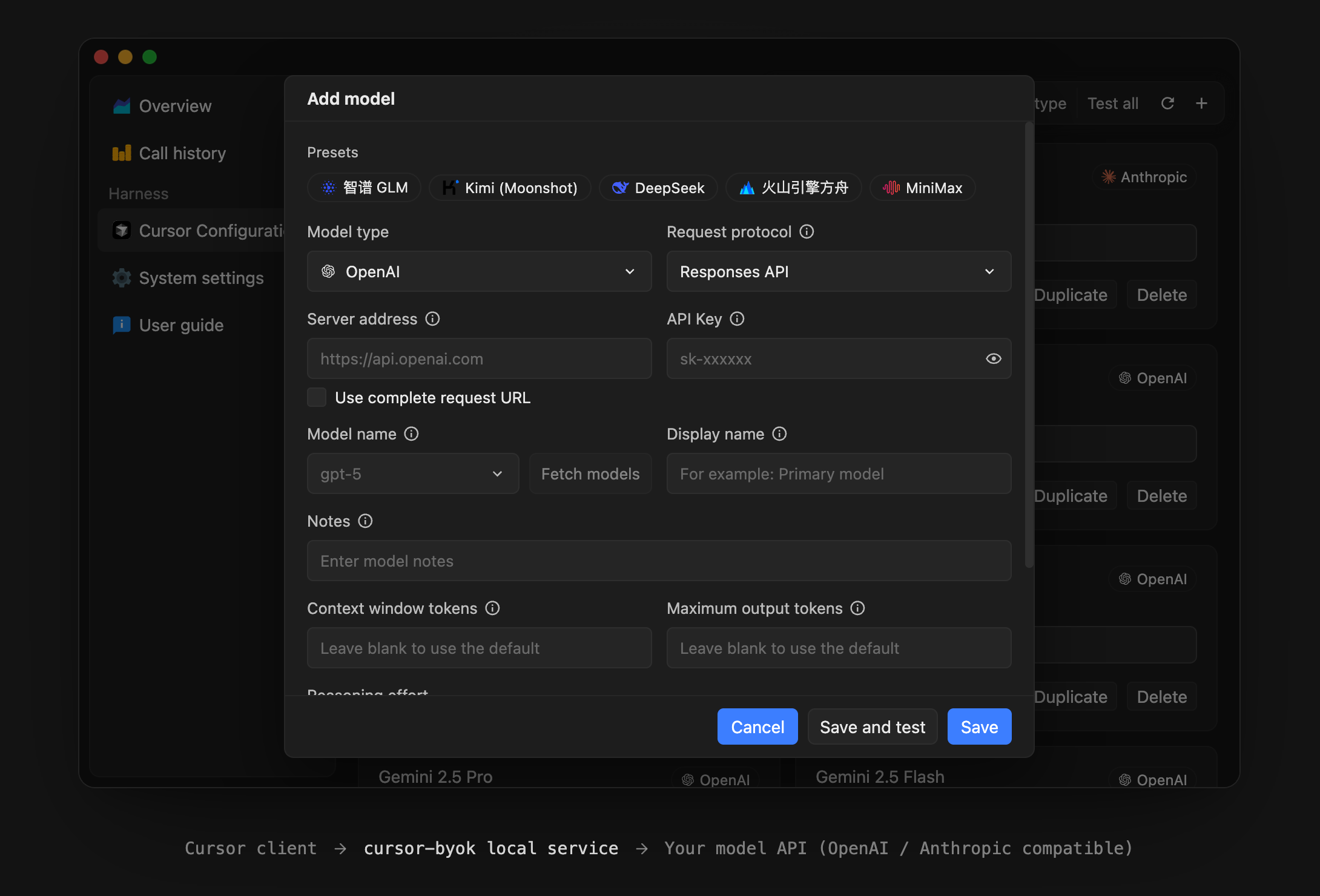 cursor-byok model settings