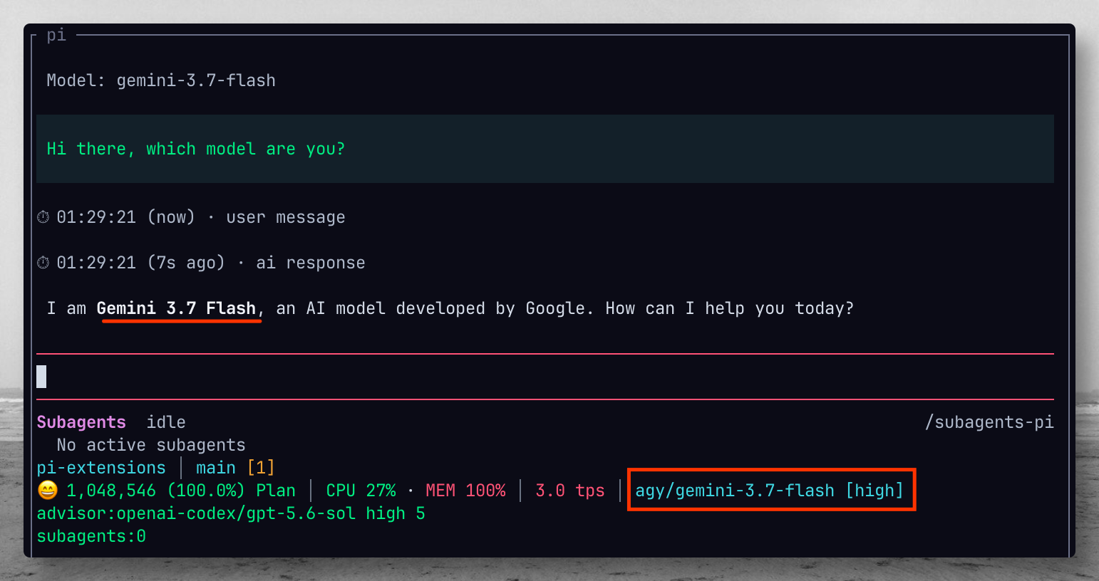 agy-pi — Gemini 3.7 Flash via agy CLI in a Pi session