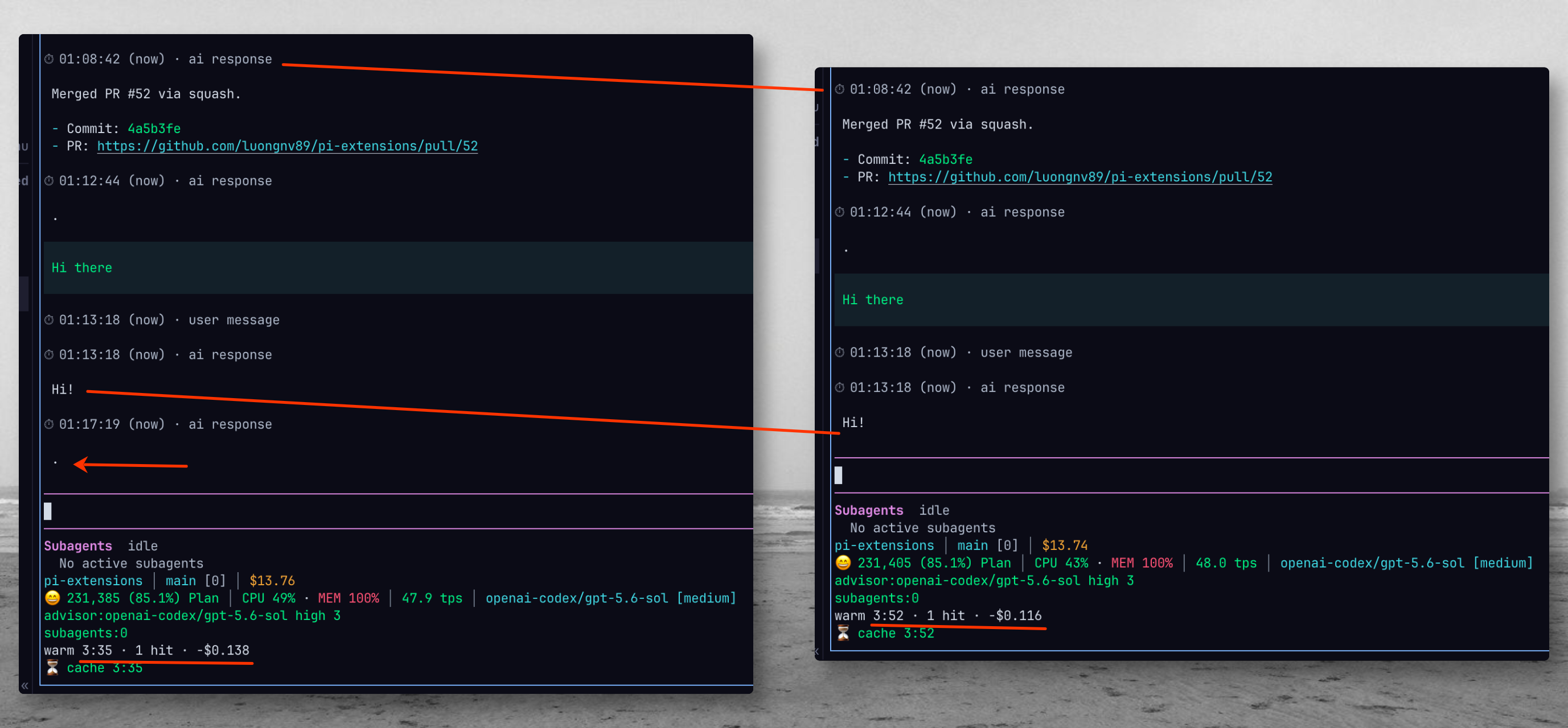 Cache-warm footer counting down, before and after a warm ping