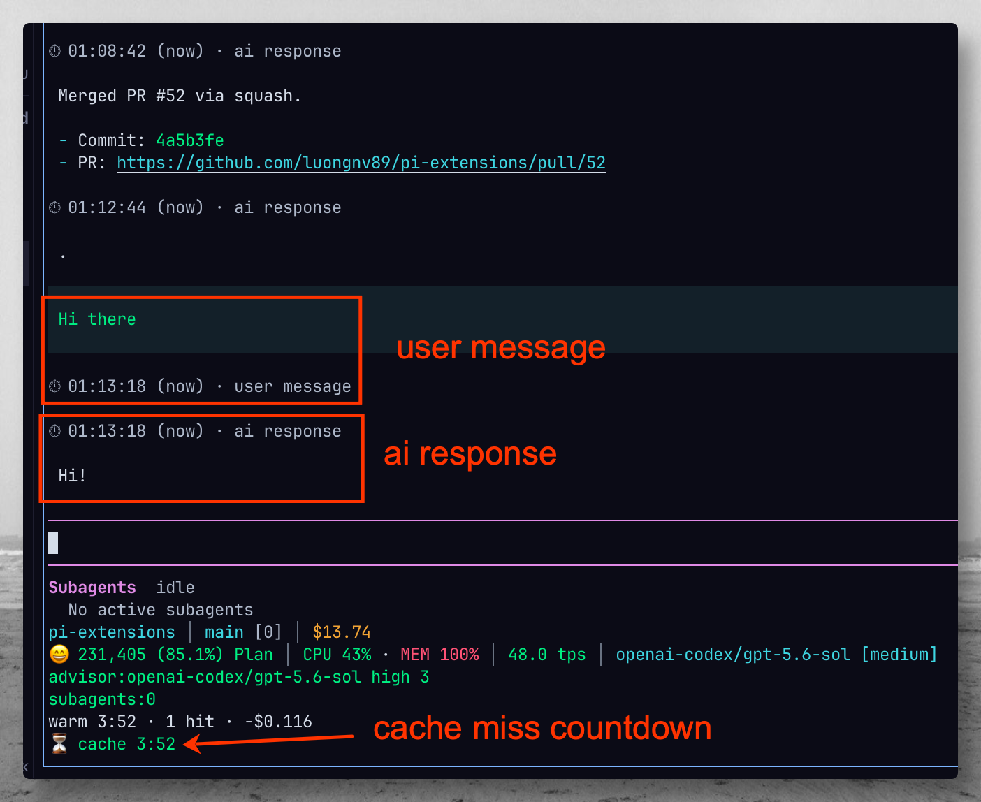 Timestamps under each message, with the cache countdown in the footer