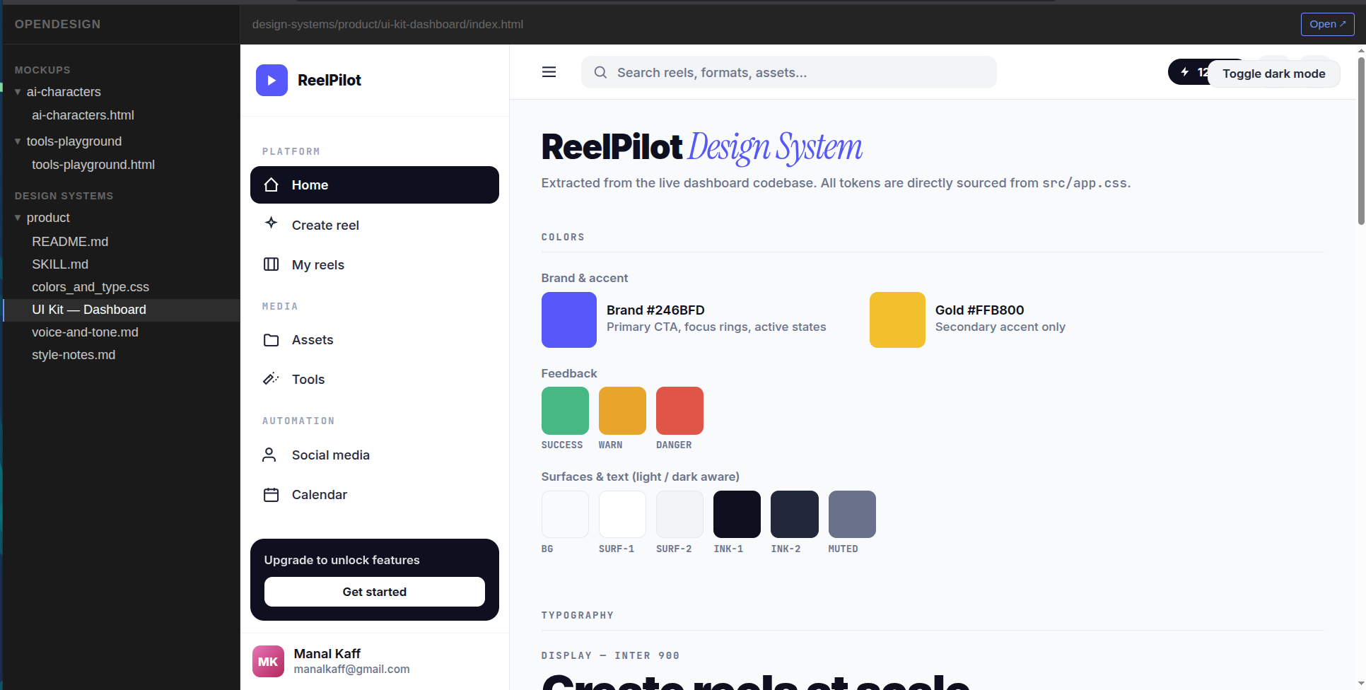 OpenDesign extracting the ReelPilot design system live from the codebase