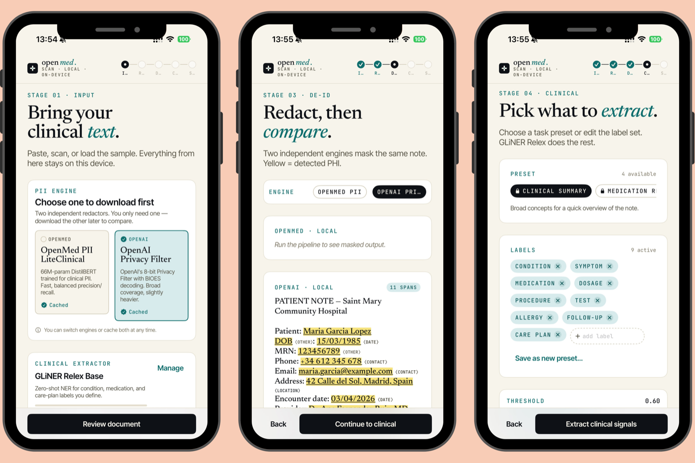 OpenMed Scan on iPhone · on-device PII de-identification and clinical extraction via OpenMedKit