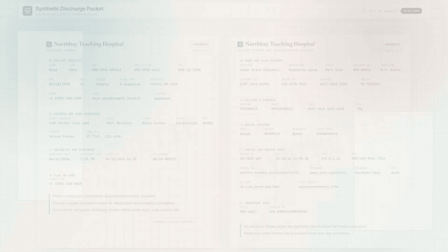 OpenMed redacting PII from a clinical discharge document in real time