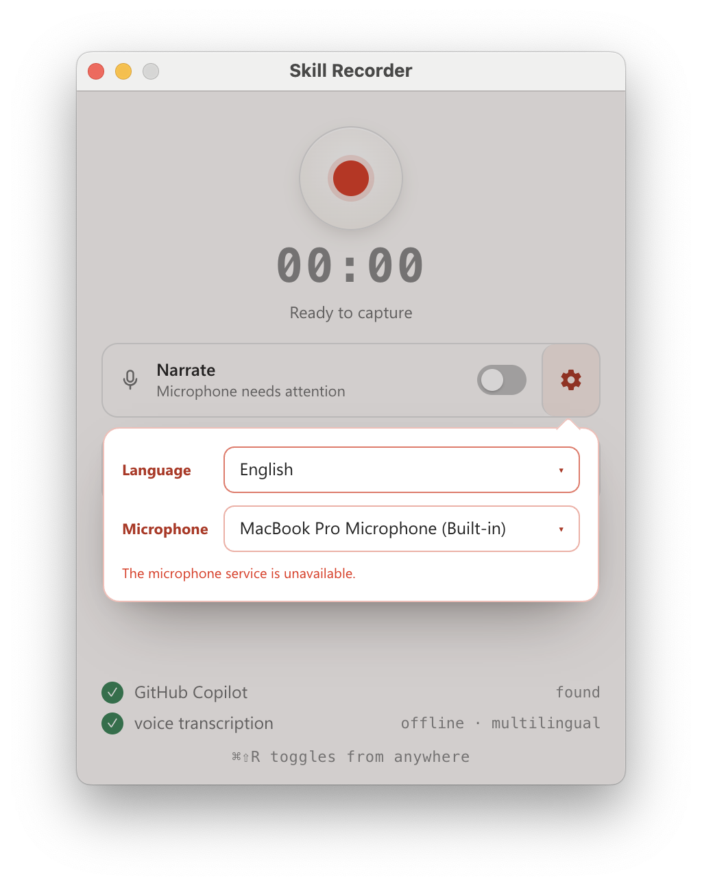 Skill Recorder capture window: a record button, timer, an optional narration toggle with language and microphone settings, and readiness checks