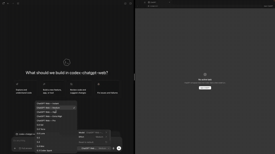 A live ChatGPT Web turn using the native Codex harness