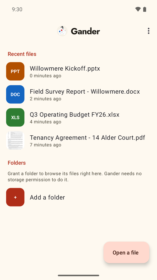 Recent files with thumbnail previews and granted folders