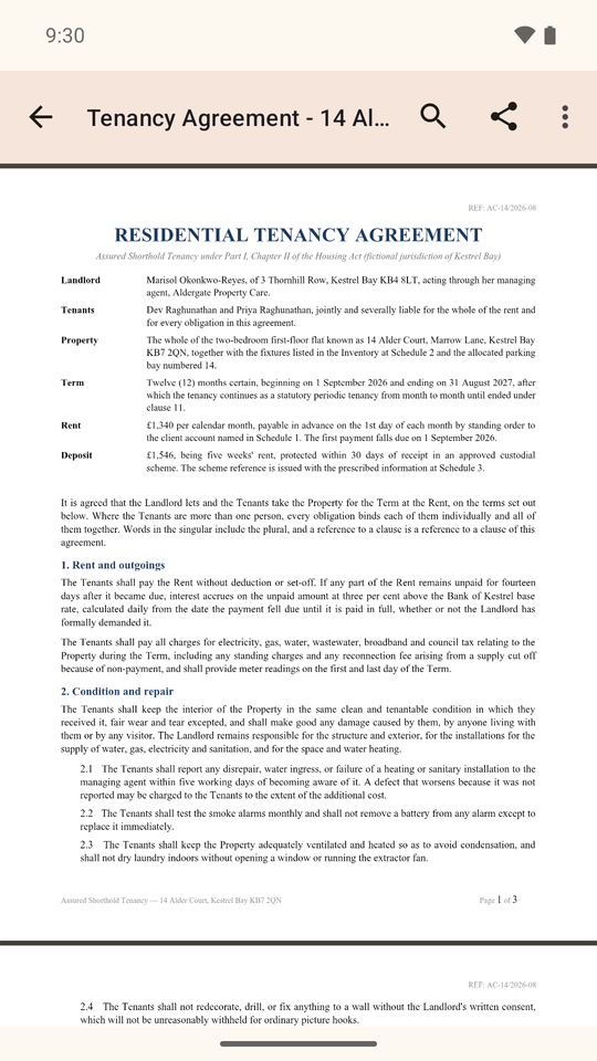 PDF viewer rendering a tenancy agreement