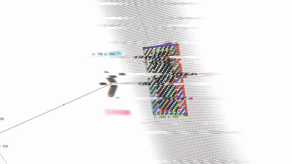 ff-tracking: tilted close-up of a terminal, hatched tracker boxes locking onto glyphs, thermal and phosphor palettes, ending on a green Done pill