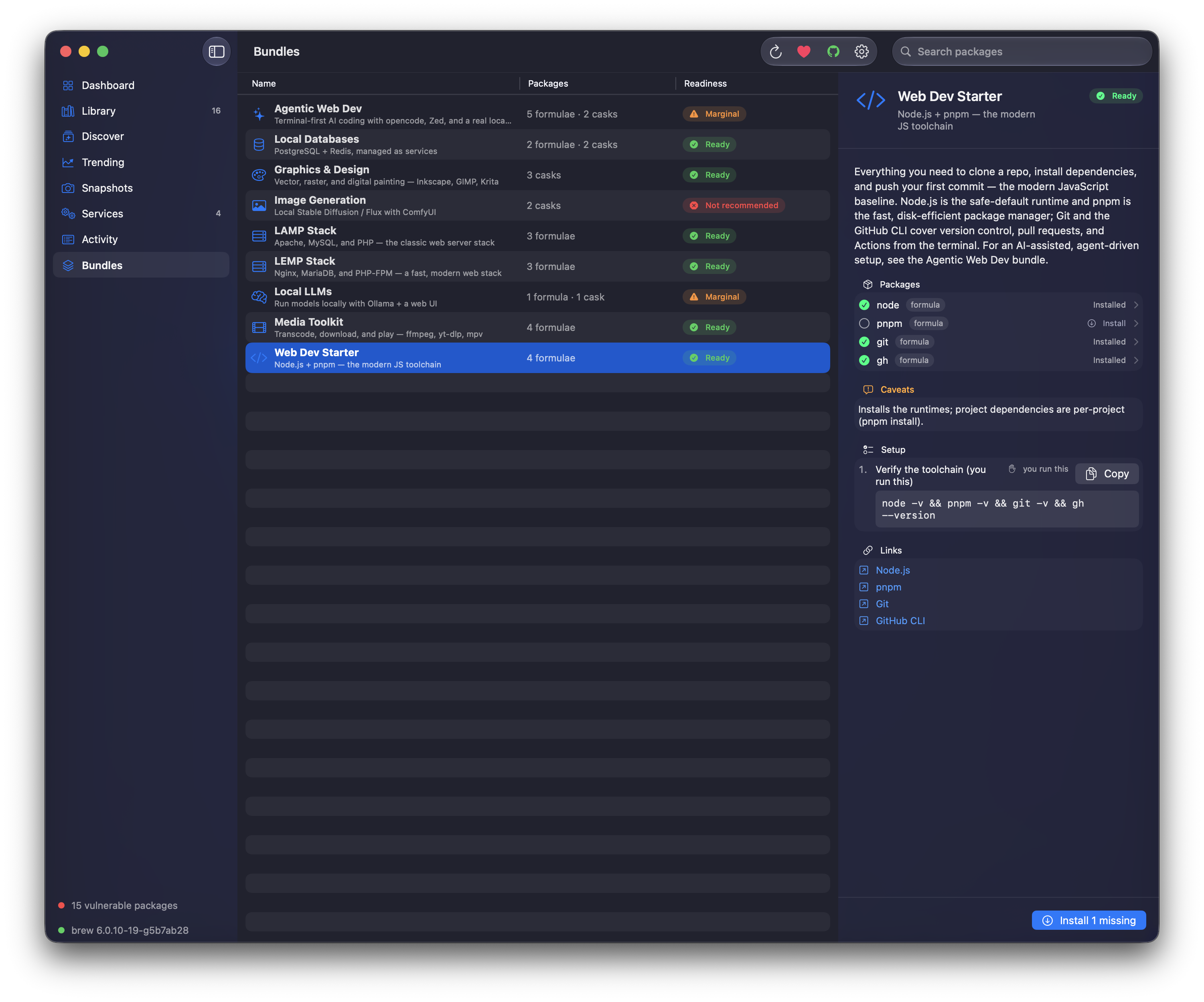 Brew Browser — native SwiftUI build, Bundles: the Web Dev Starter recipe with per-package install actions