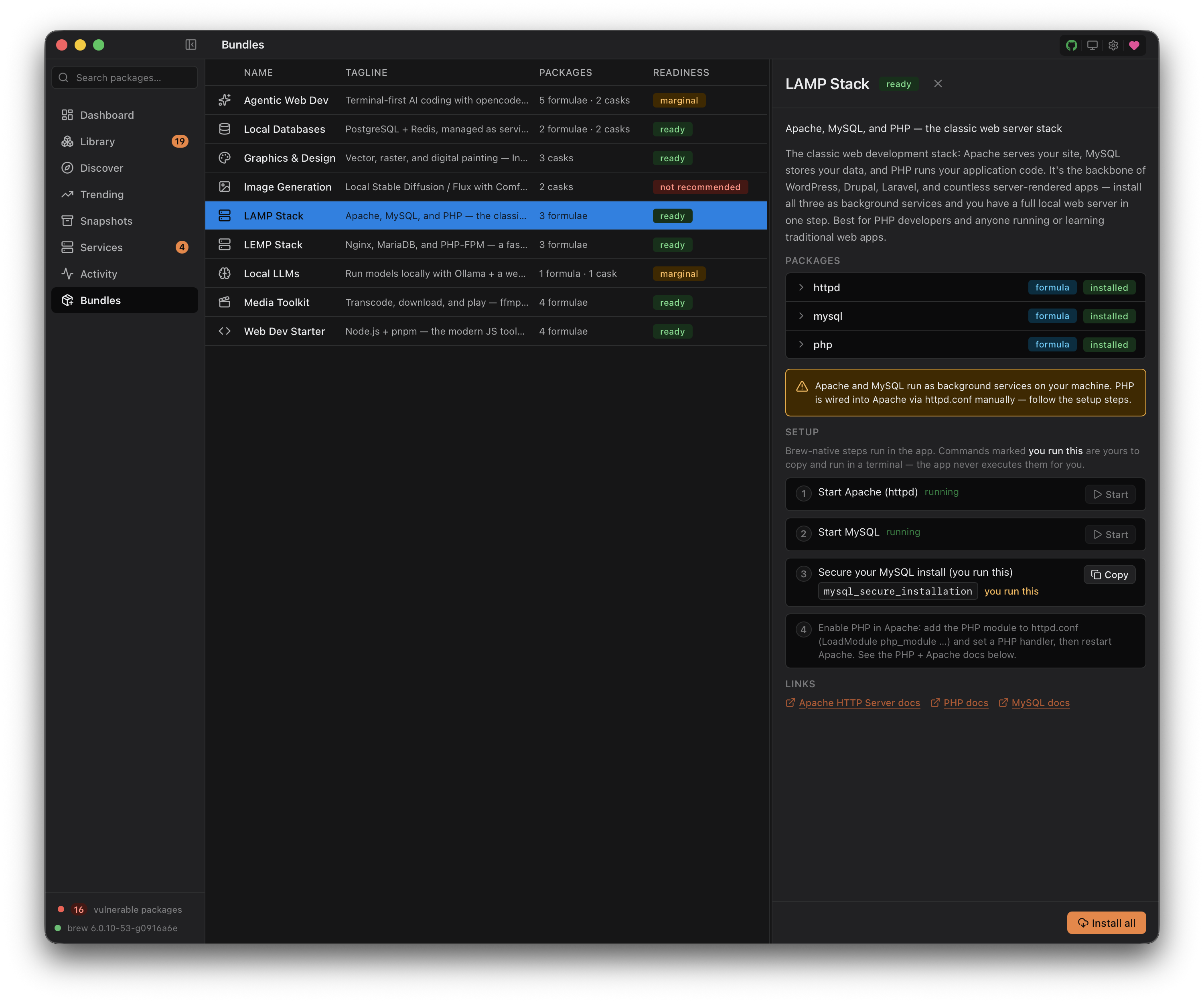 Brew Browser — Tauri build, Bundles: the LAMP Stack recipe with its list + Details pane, packages, caveats, and setup checklist