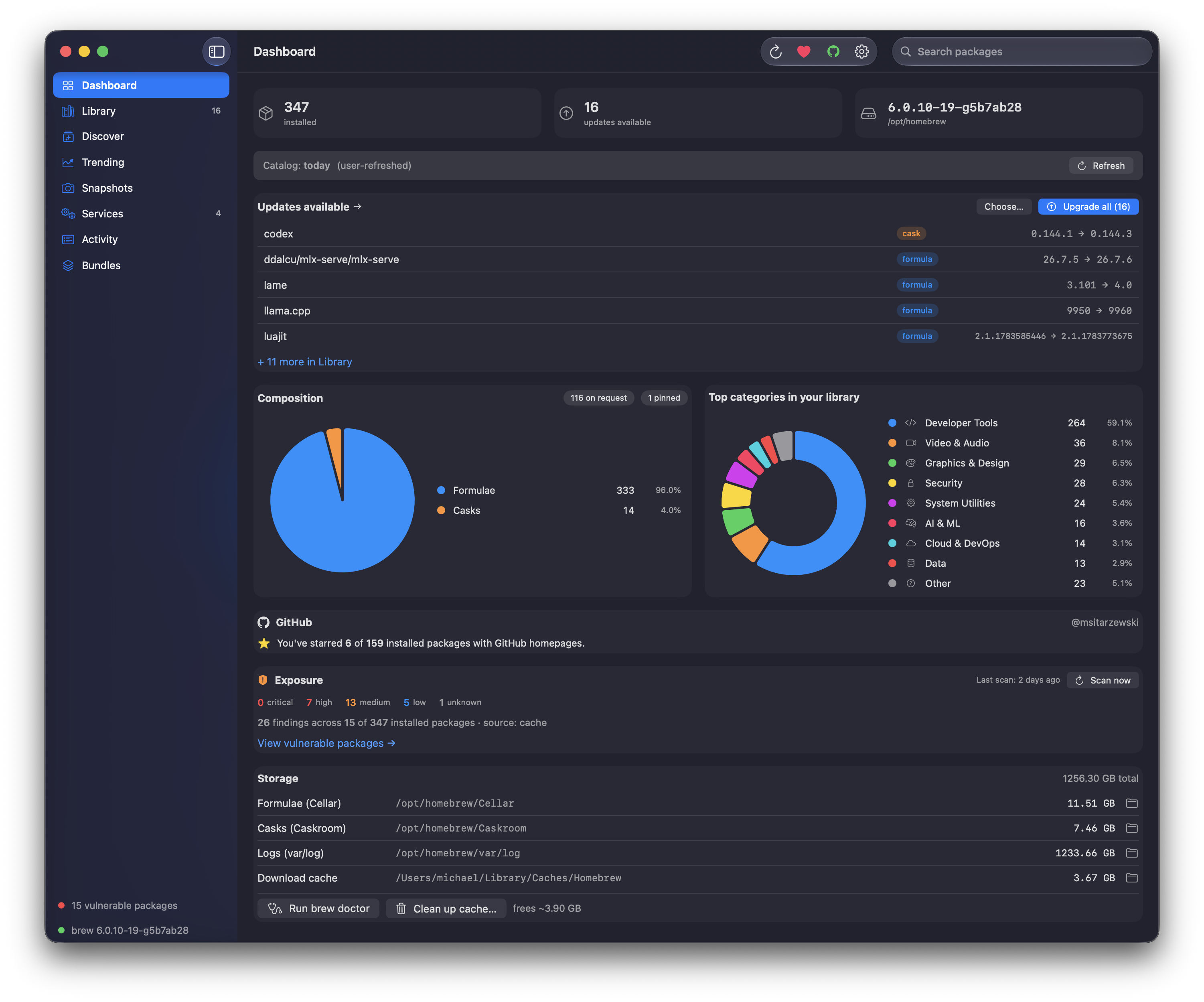 Brew Browser — native SwiftUI build, Dashboard (dark)