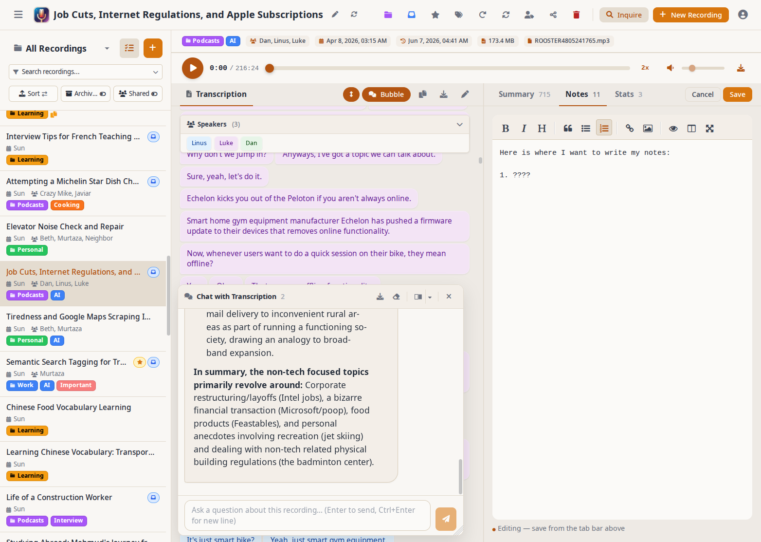 Main view with chat and notes
