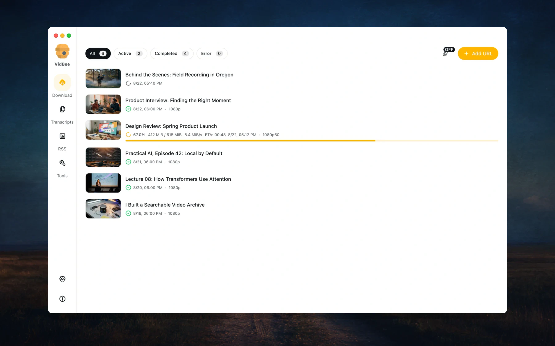 VidBee download queue with active and completed media