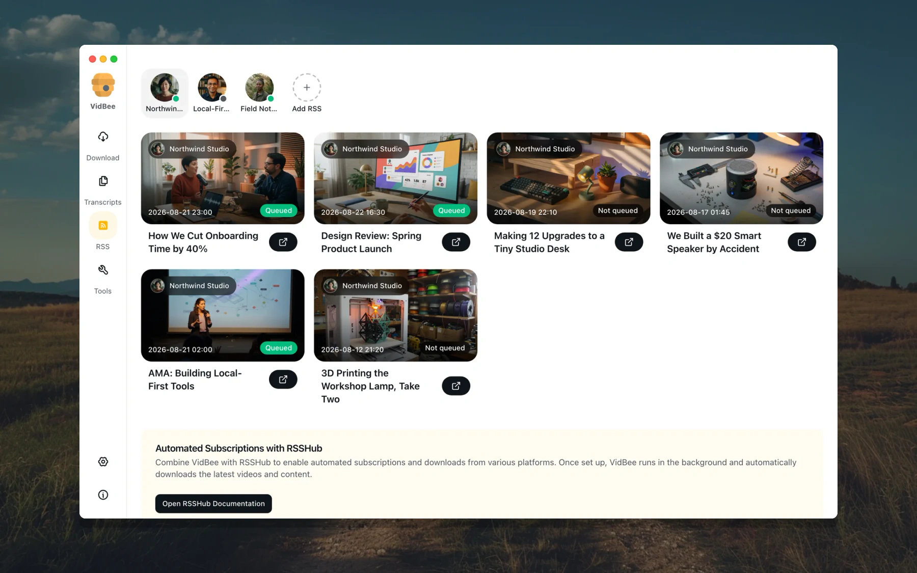 VidBee RSS subscriptions and queued feed items