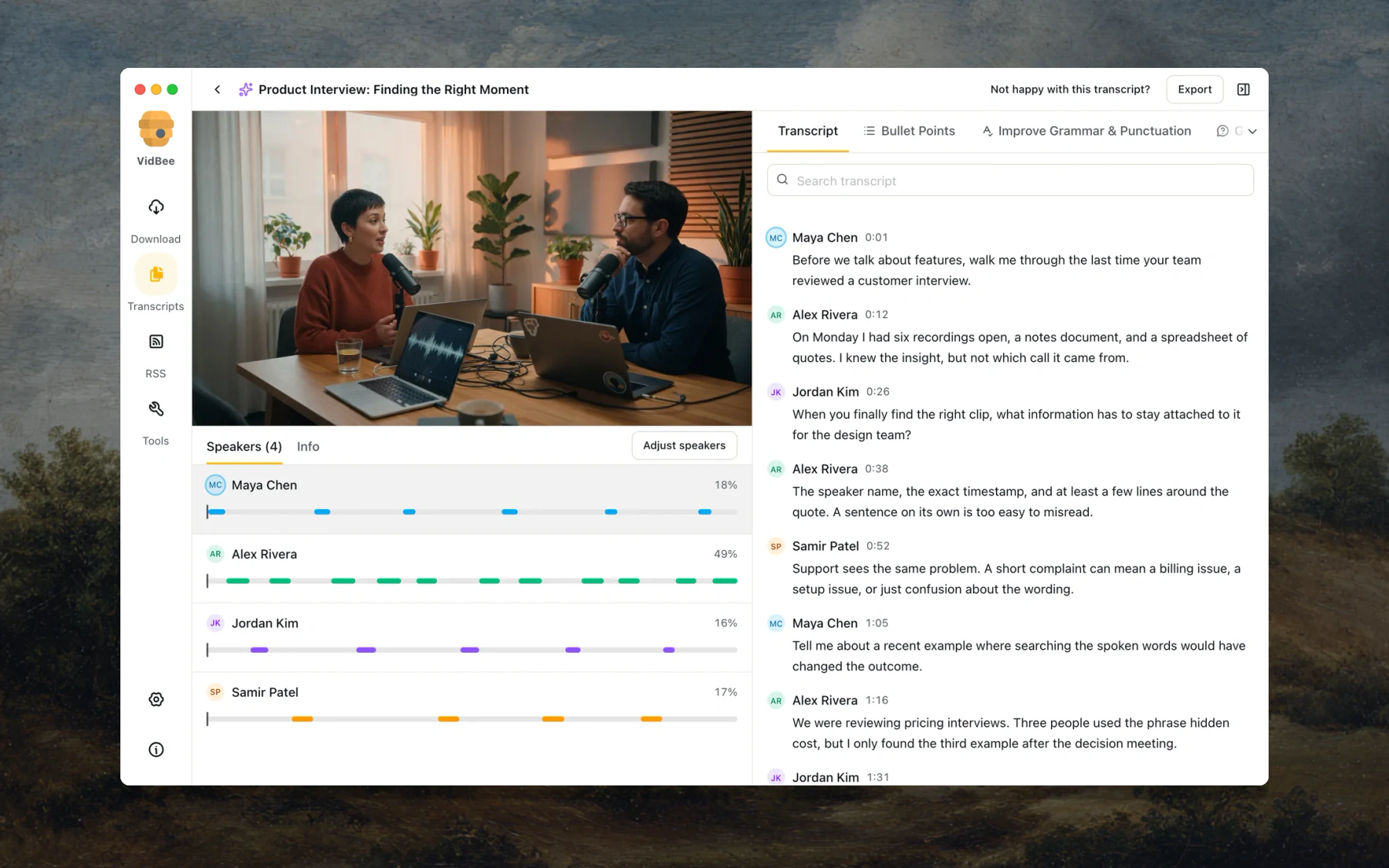 VidBee searchable transcript with speaker labels