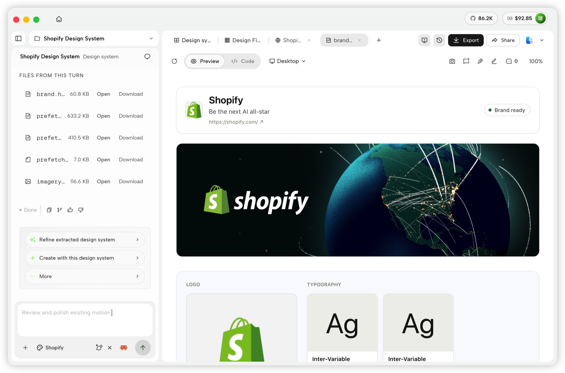 Shopify design system preview inside OpenDesign Studio