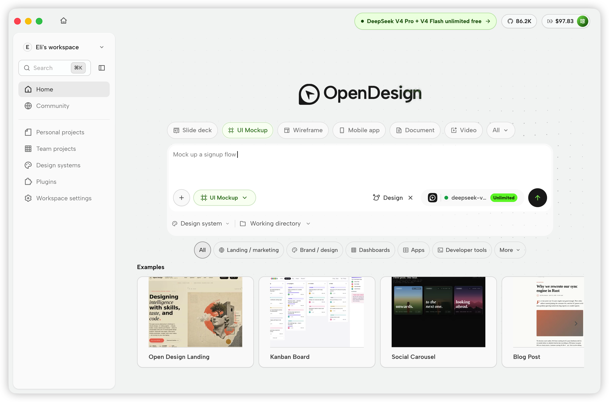 OpenDesign Home page with artifact types, brief composer, model picker, and examples
