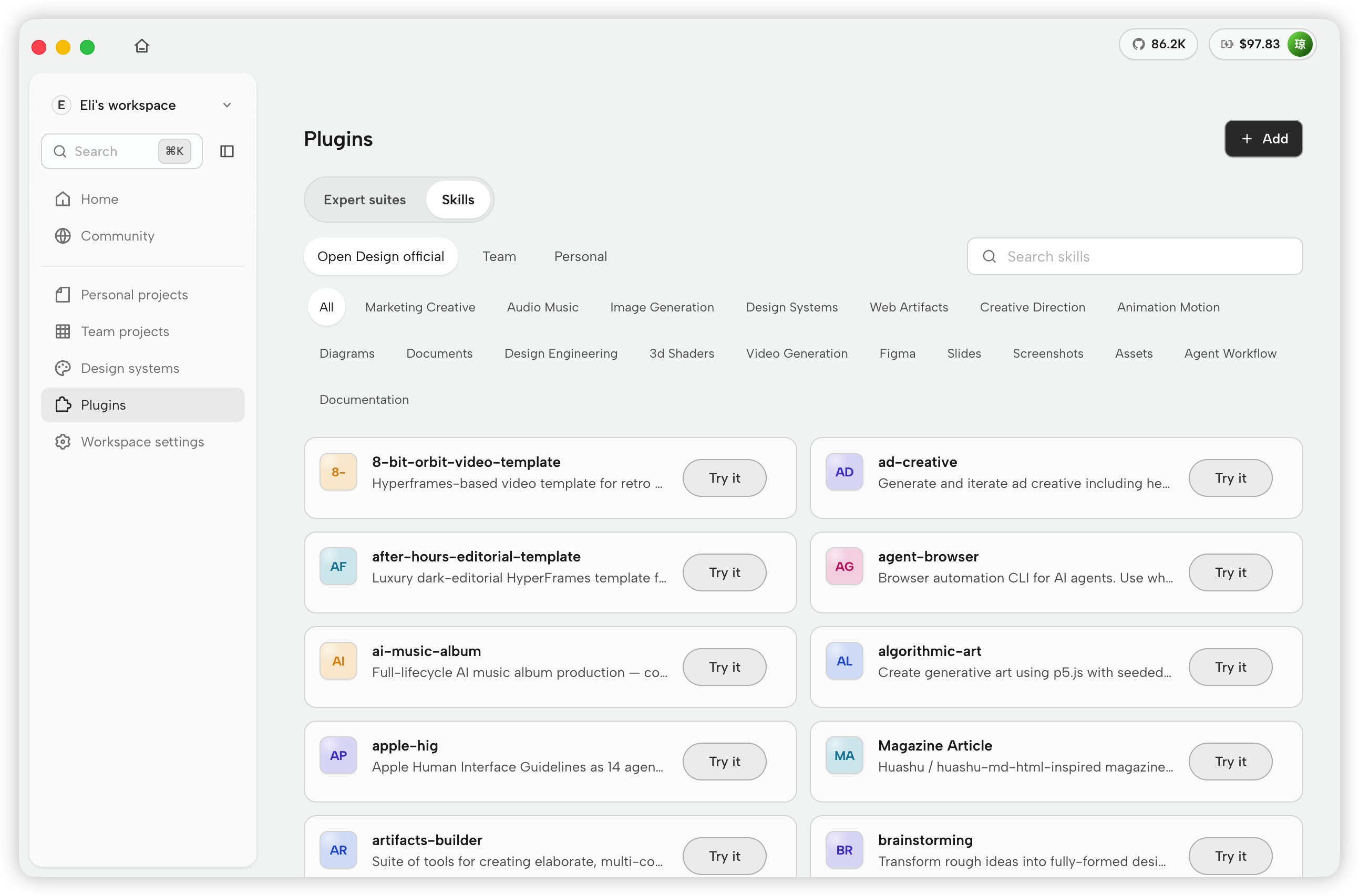 OpenDesign Plugins page showing the official skills catalog