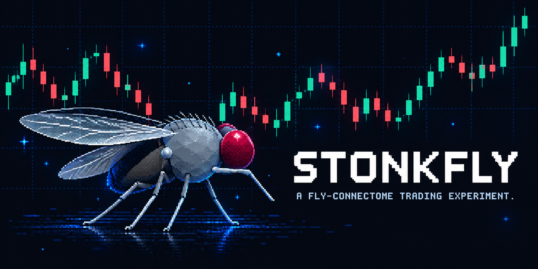 Stonkfly: a pixel fly beside a candlestick chart