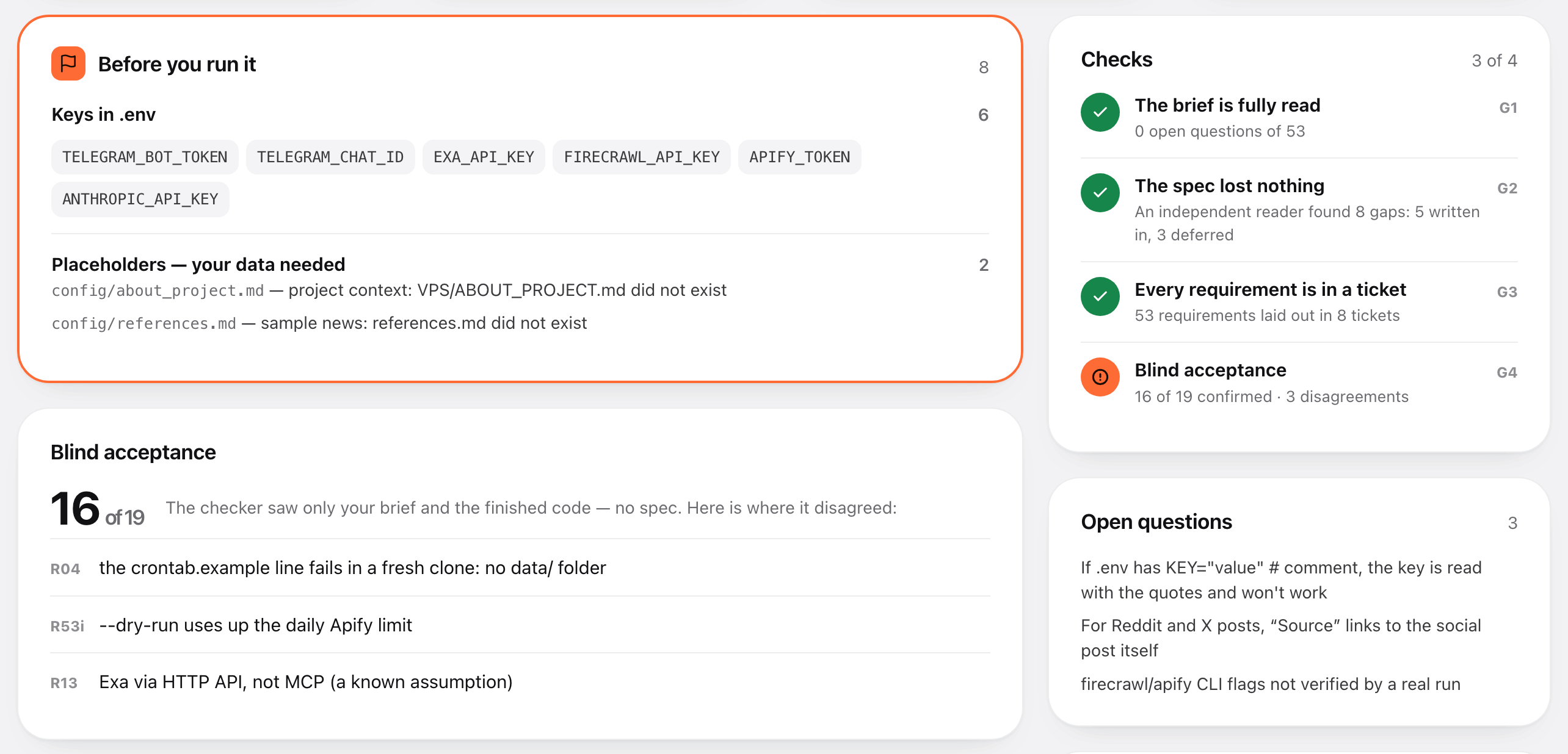 A finished build: keys and placeholders needed from you, blind acceptance, checks