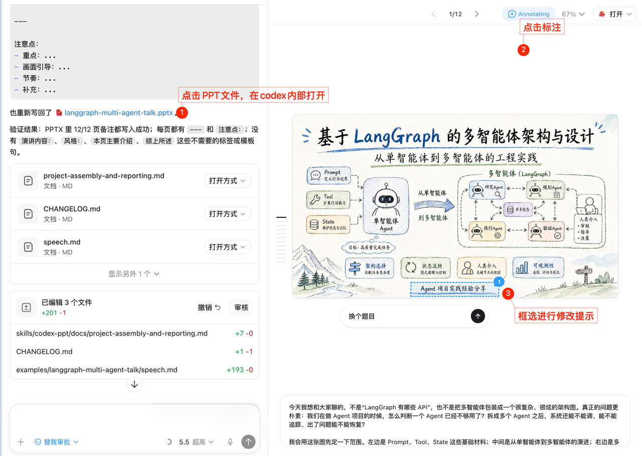 单页局部修改示意：打开 PPT、点击标注，并框选需要修改的位置