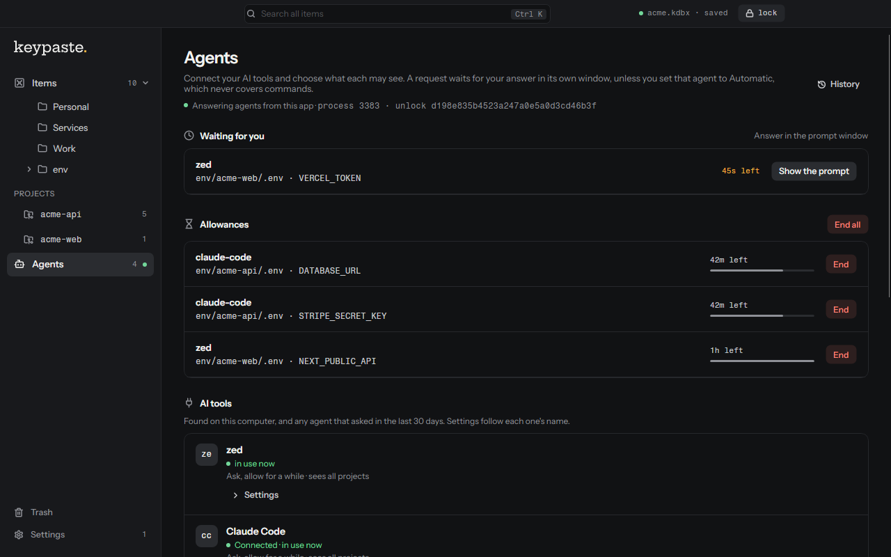Agents: a request waiting for you with Show the prompt, allowances with the time left and End, and the AI tools found on this computer with each agent's settings.