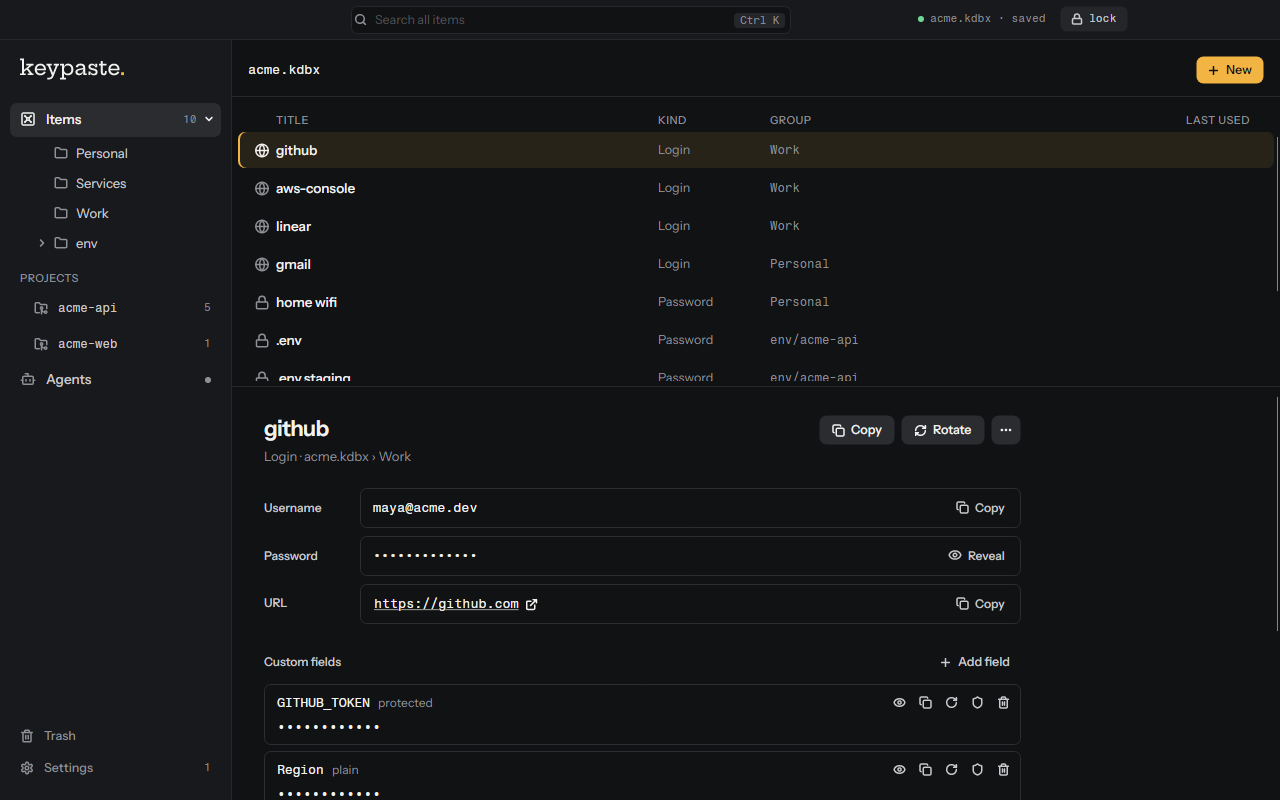 The keypaste desktop app on Items, laid out as KeePassXC: the vault's groups and projects in the sidebar, a table of logins and env variables, and the chosen github login's username, masked password, URL, notes and custom fields previewed below it.