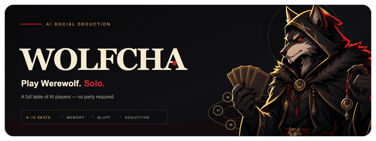 Wolfcha hybrid README hero combining precise SVG typography and table graphics with an AI-generated wolf game master.