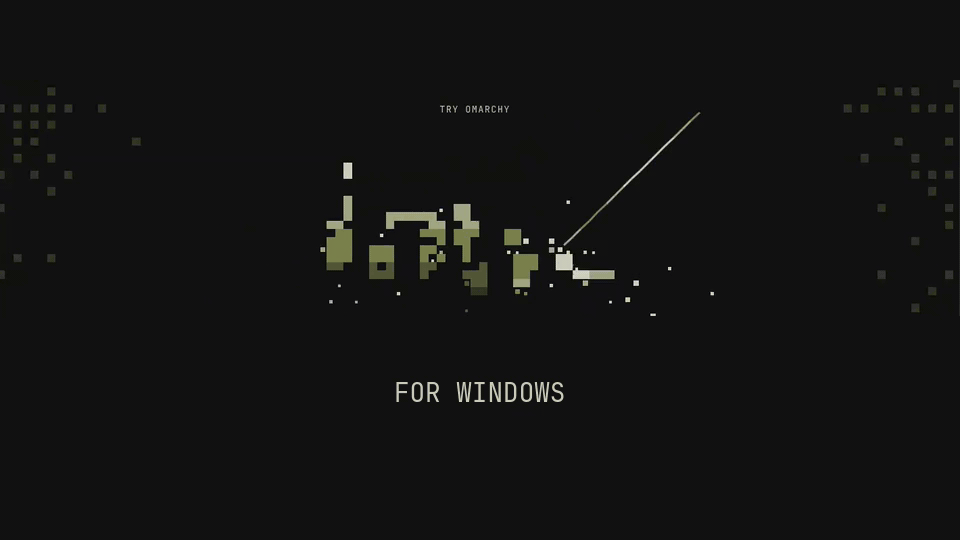 The Omarchy pixel wordmark appears, then the Omarchy desktop is shown in a Try Omarchy window on Windows 11