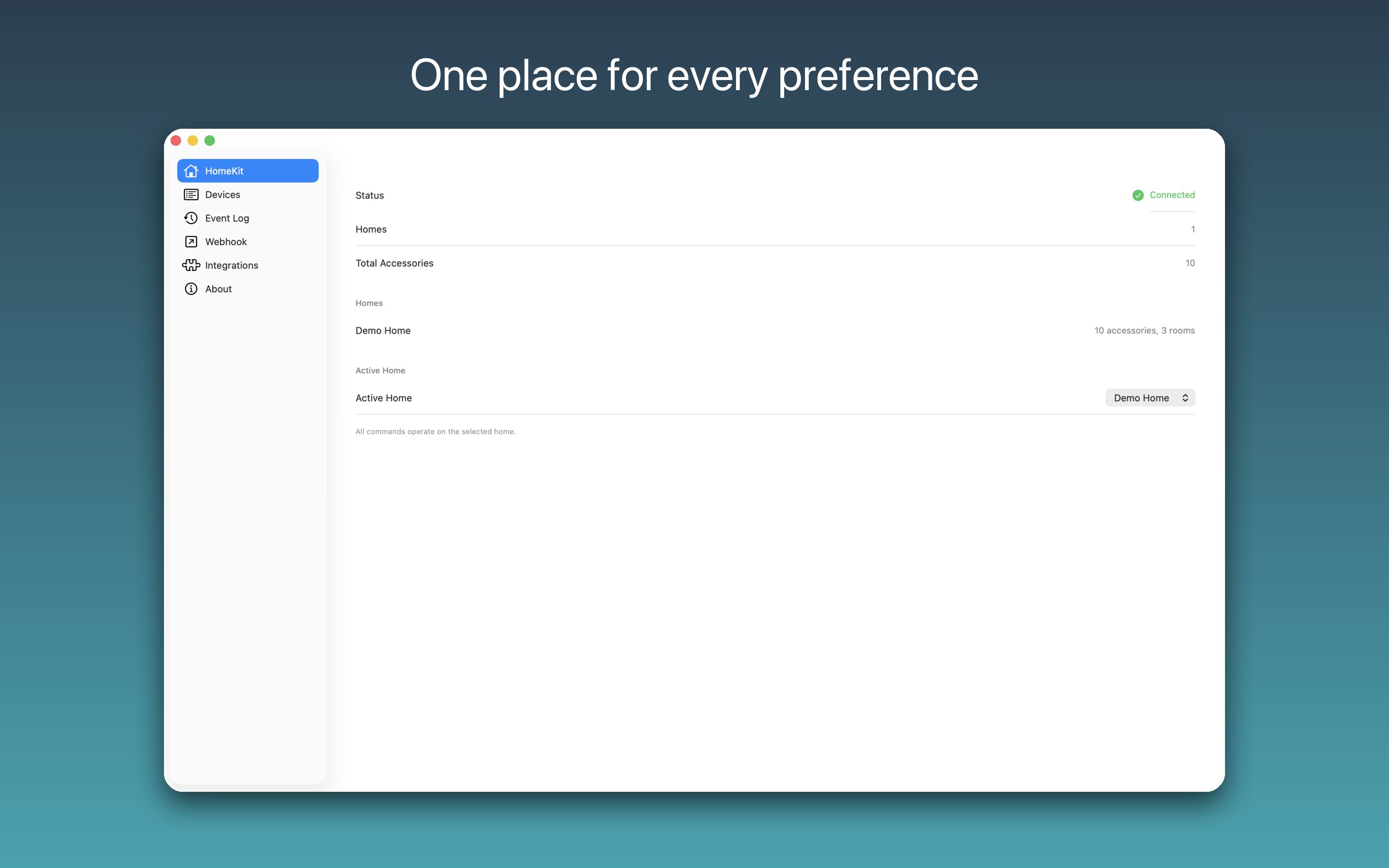 Settings — HomeKit homes and accessories overview