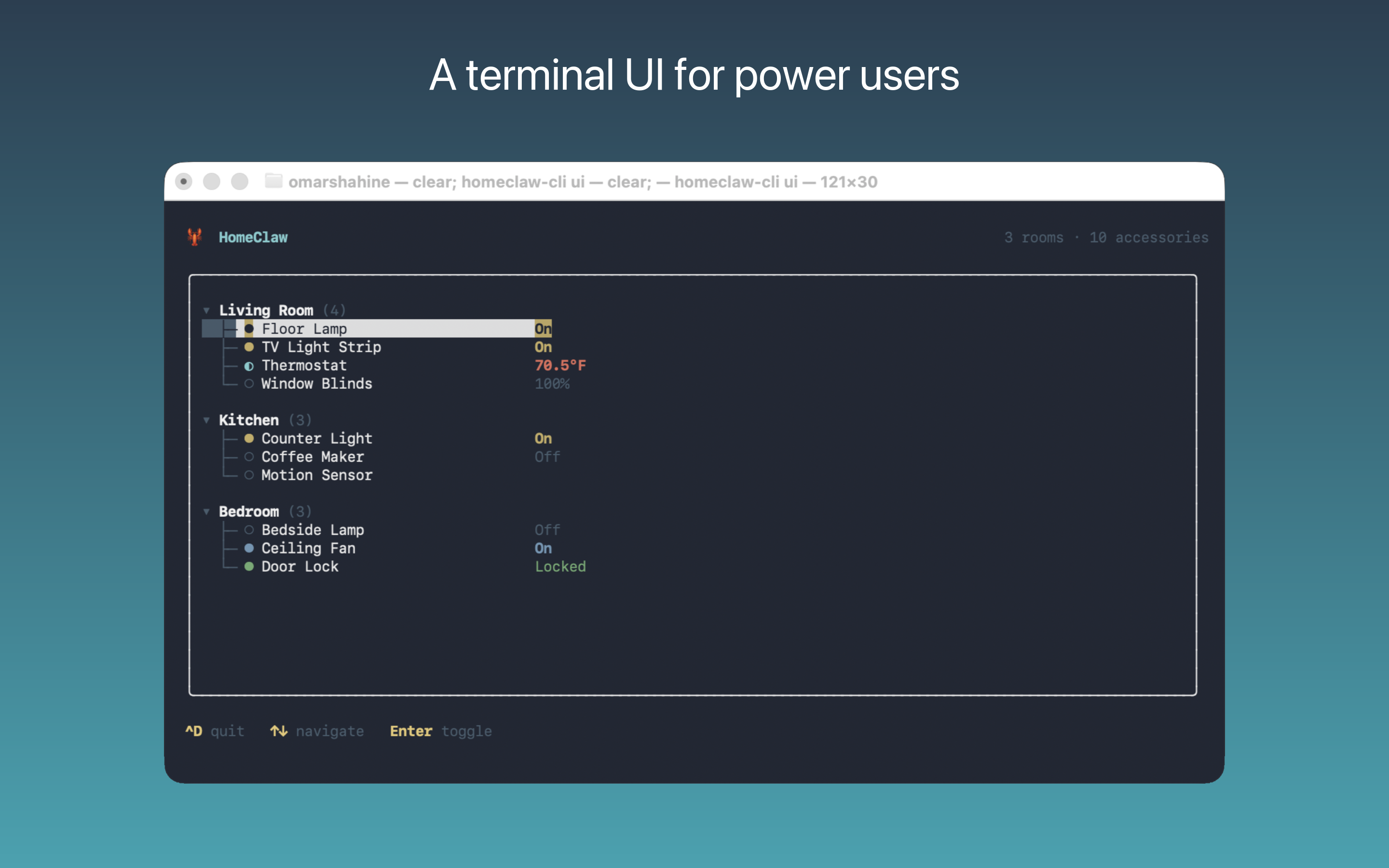 Terminal UI — accessory tree with live status