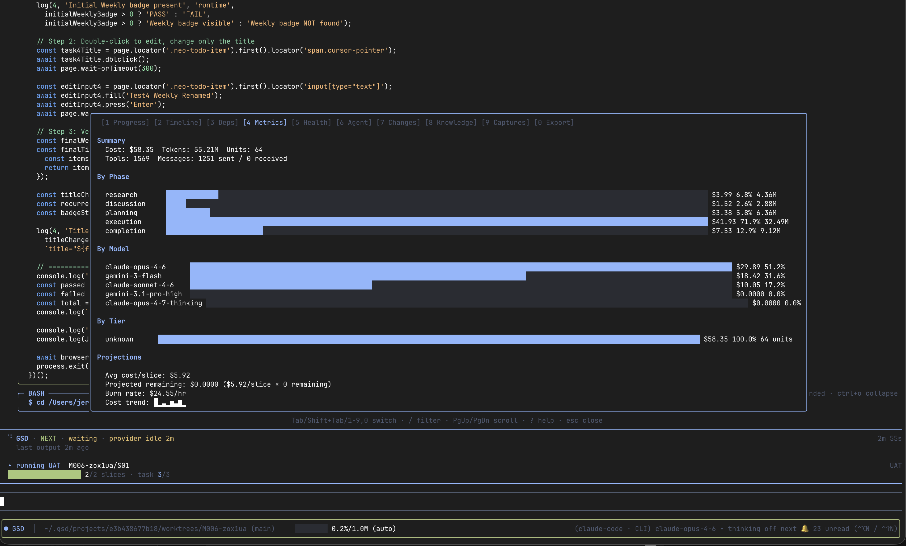 GSD TUI metrics dashboard