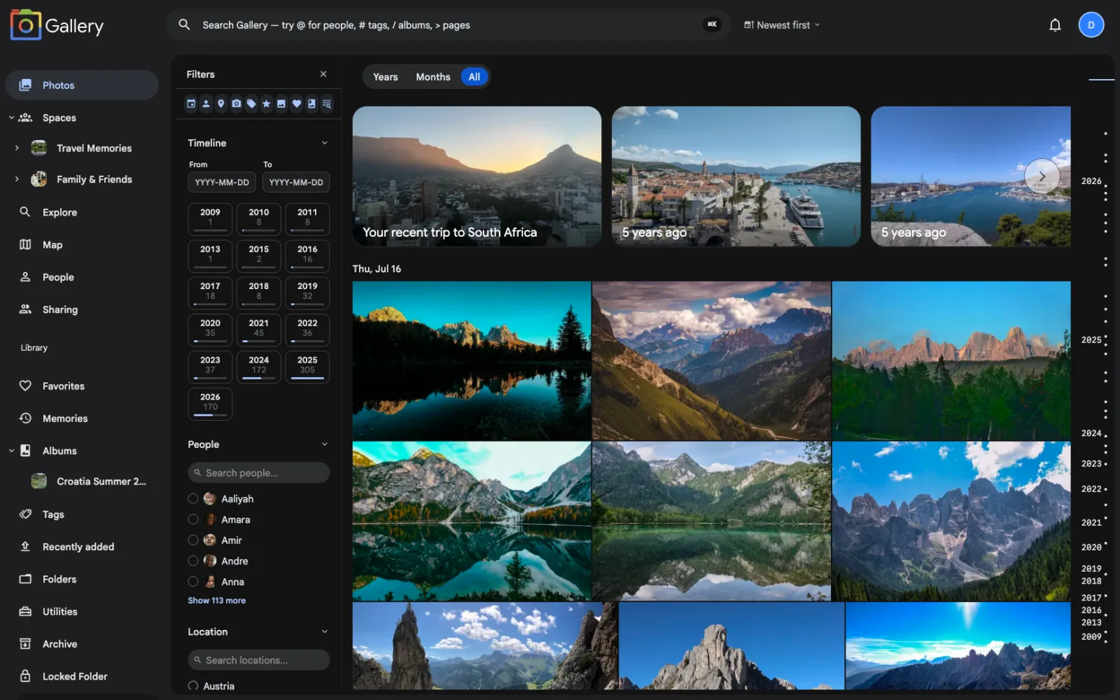 The Noodle Gallery photo timeline, with Shared Spaces in the sidebar, the filter panel open, and generated trip memories across the top