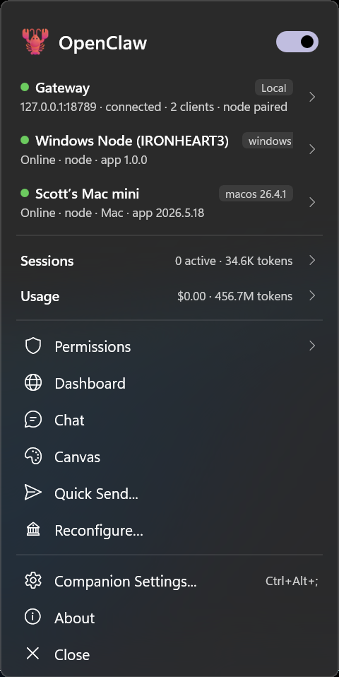 OpenClaw Windows Hub tray menu
