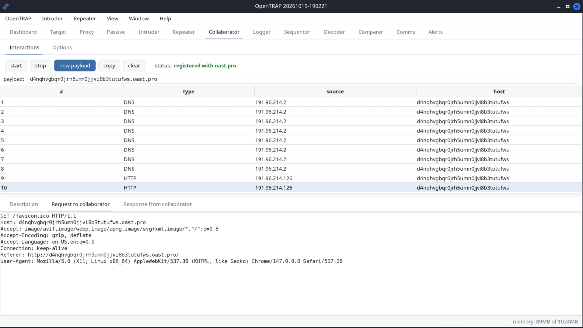Collaborator tab listing captured out-of-band DNS and HTTP interactions with the request to the collaborator shown