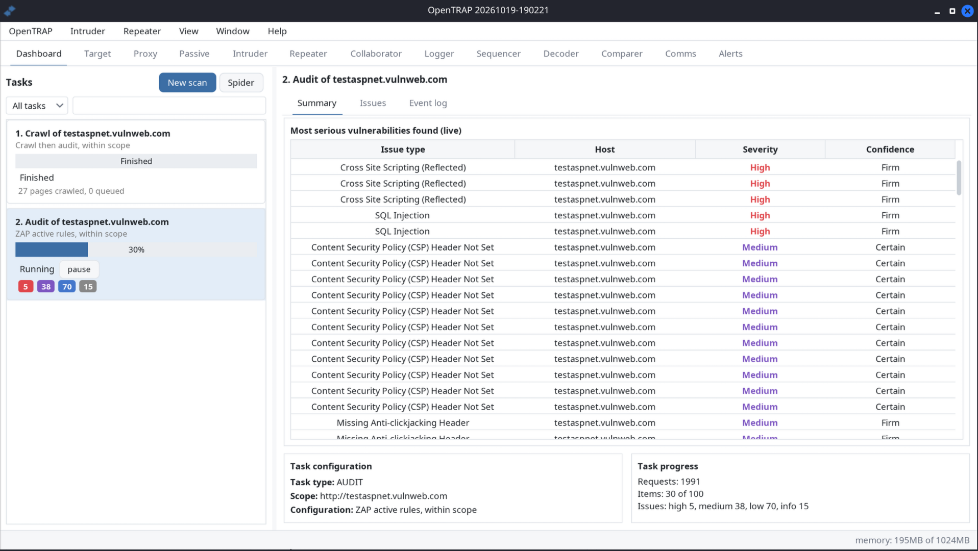 OpenTRAP dashboard with a crawl finished, an active audit running, and the live table of the most serious vulnerabilities found