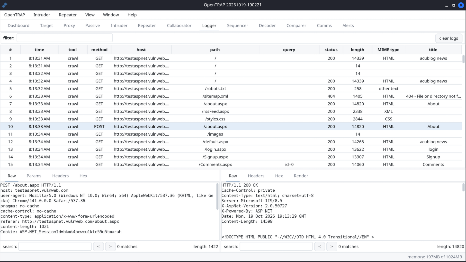 Logger tab with a filterable table of every request made by the audit, with request and response viewers below
