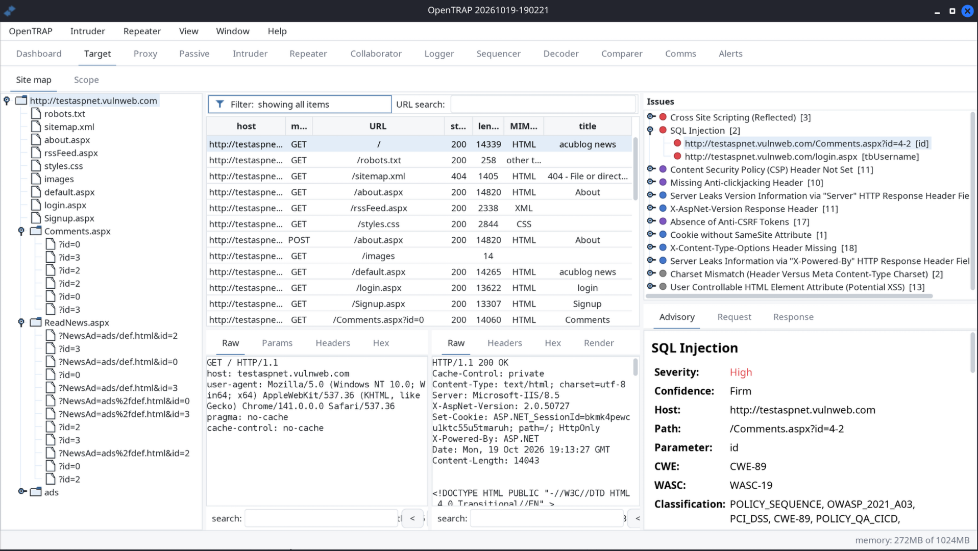 Target tab: site map tree, request list, and the issues found with a full advisory for a reflected cross-site scripting finding