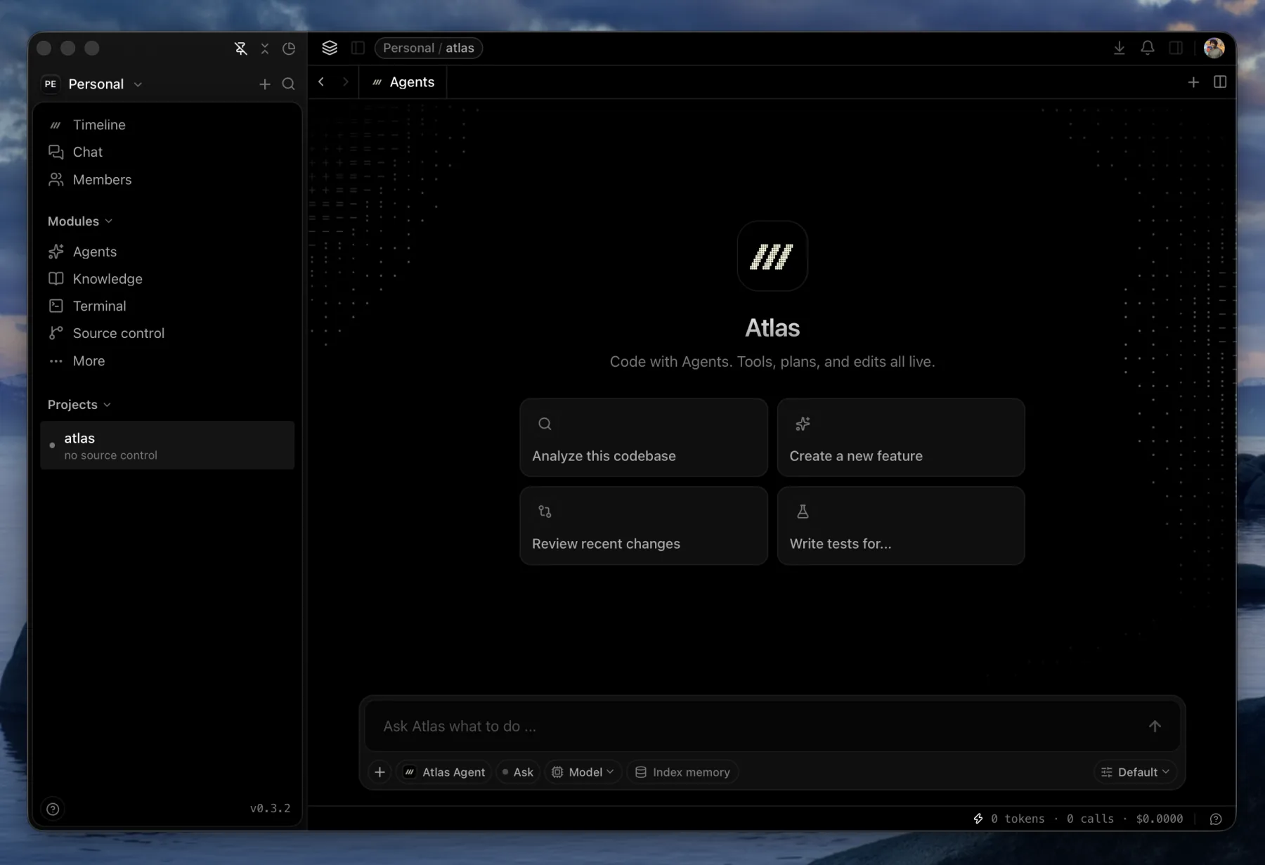 Atlas: the Agents tab with the project sidebar and module rail