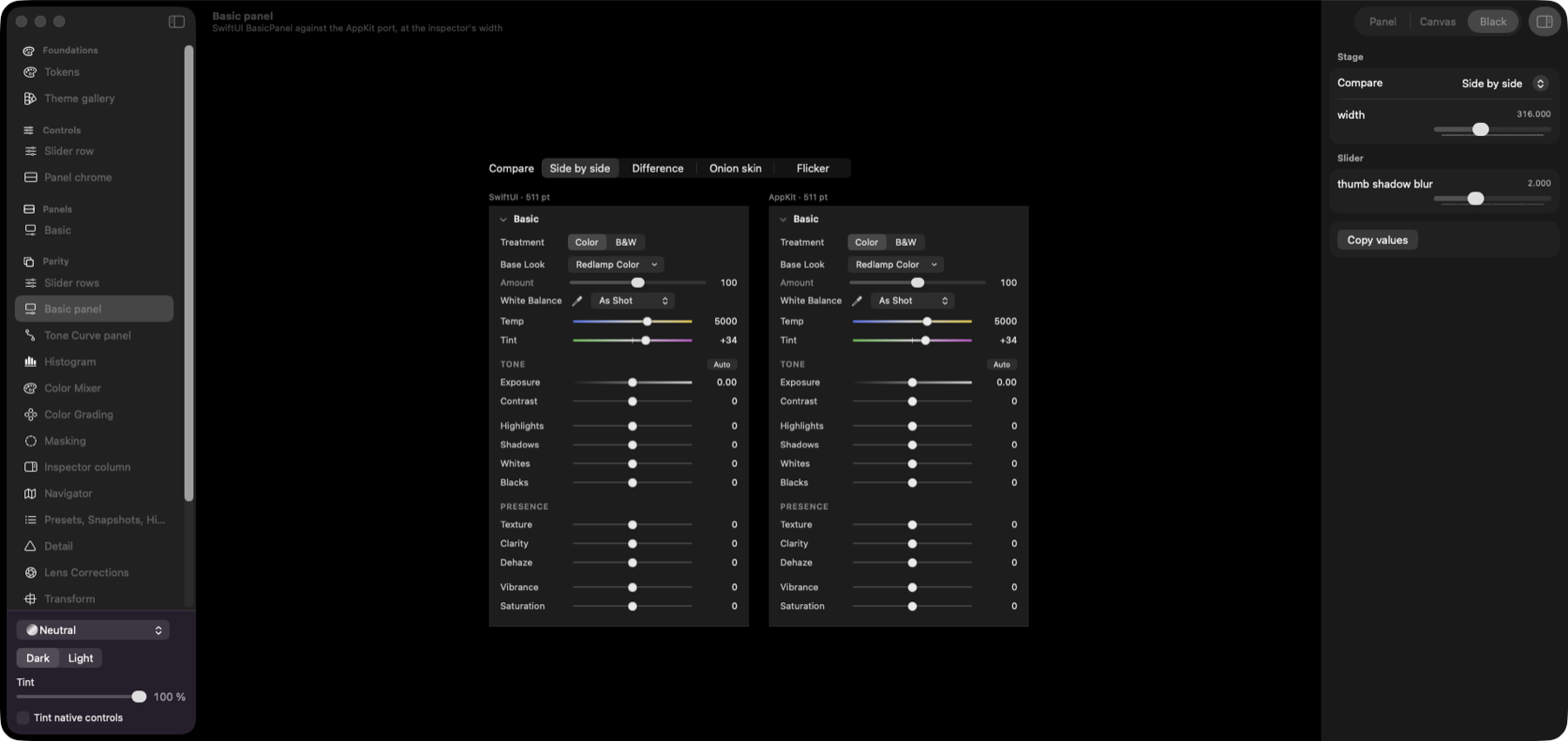 The harness comparing the SwiftUI Basic panel with its AppKit port