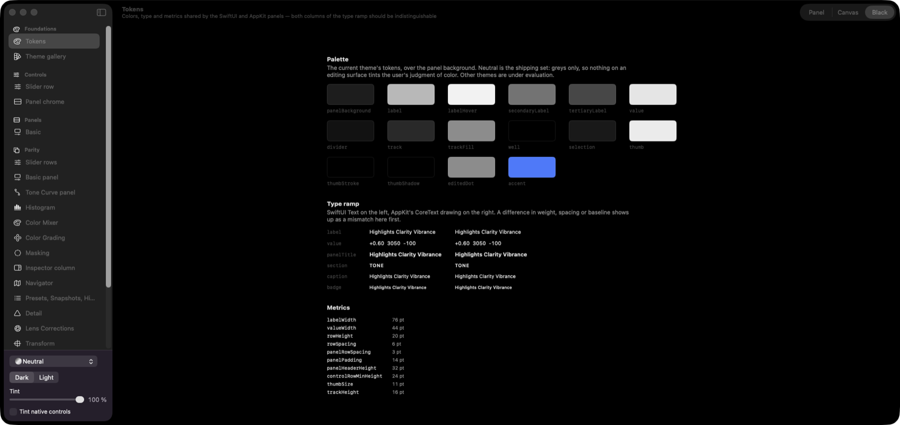 Tokens in the harness: the palette, type ramp and metrics
