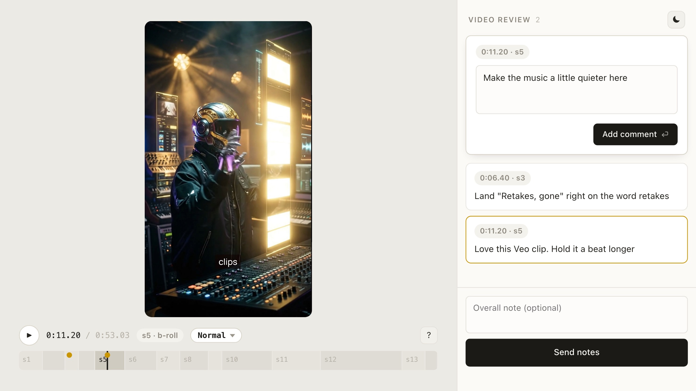 The review page: the draft short plays on a scene timeline, with comments pinned to frames on the right