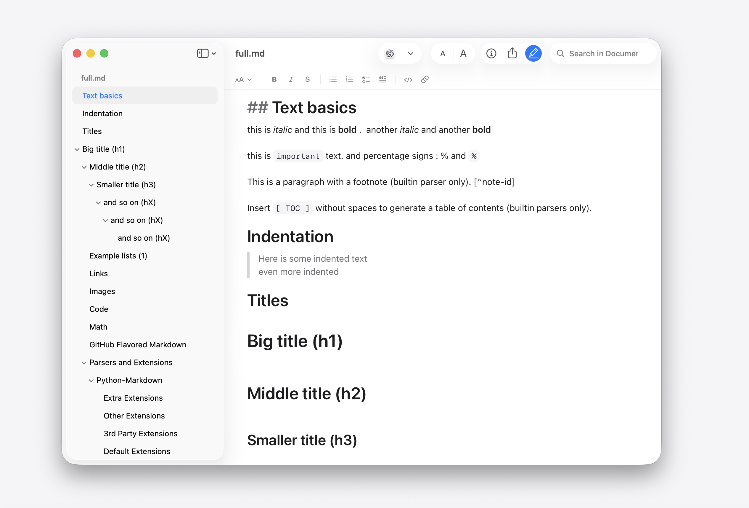 Edit Mode with document outline and Markdown formatting toolbar