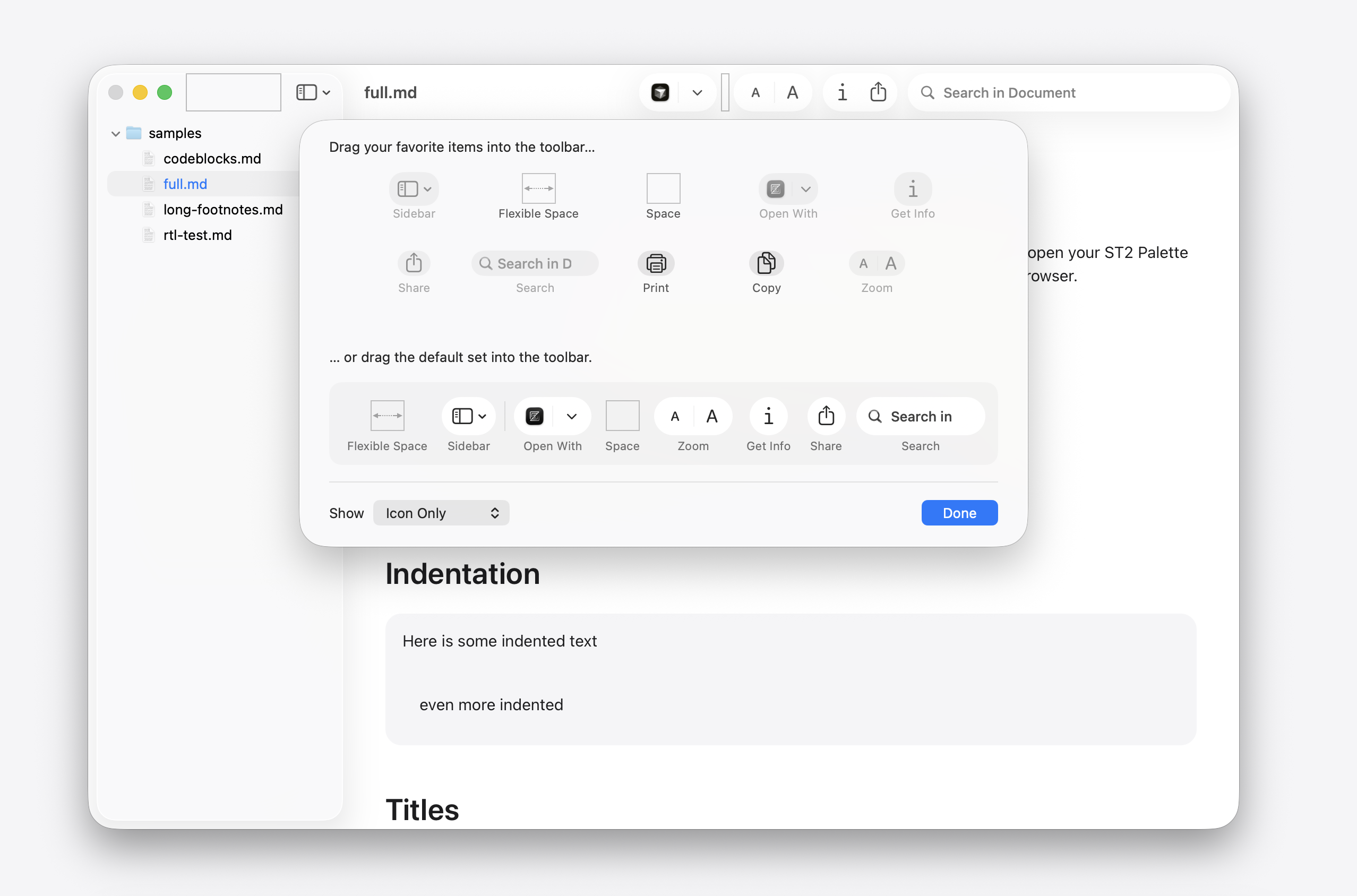 Native macOS toolbar customization sheet showing draggable items