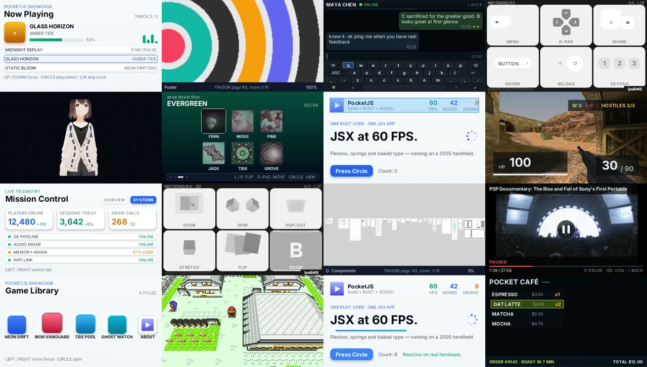 A wall of PocketJS software: music, deep-zoom graphics, messaging, a digital character, galleries, DevTools, dashboards, media, and a café app, alongside OpenStrike, Pocket Voxel and Pocket Figma on PSP, including Motion Lab studies credited to yui540
