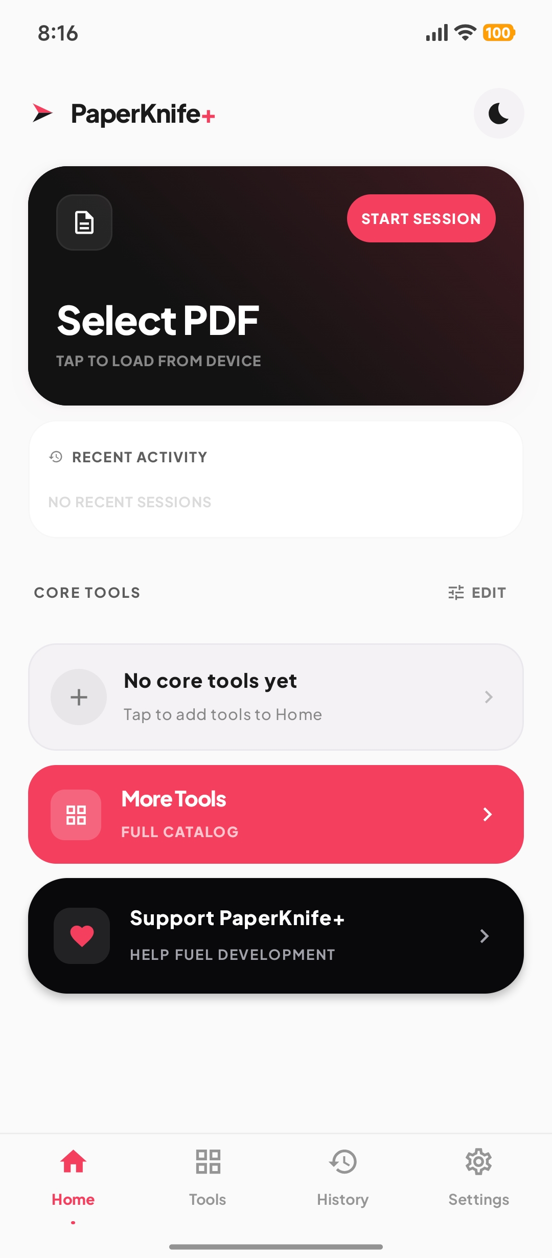 PaperKnife+ Home screen