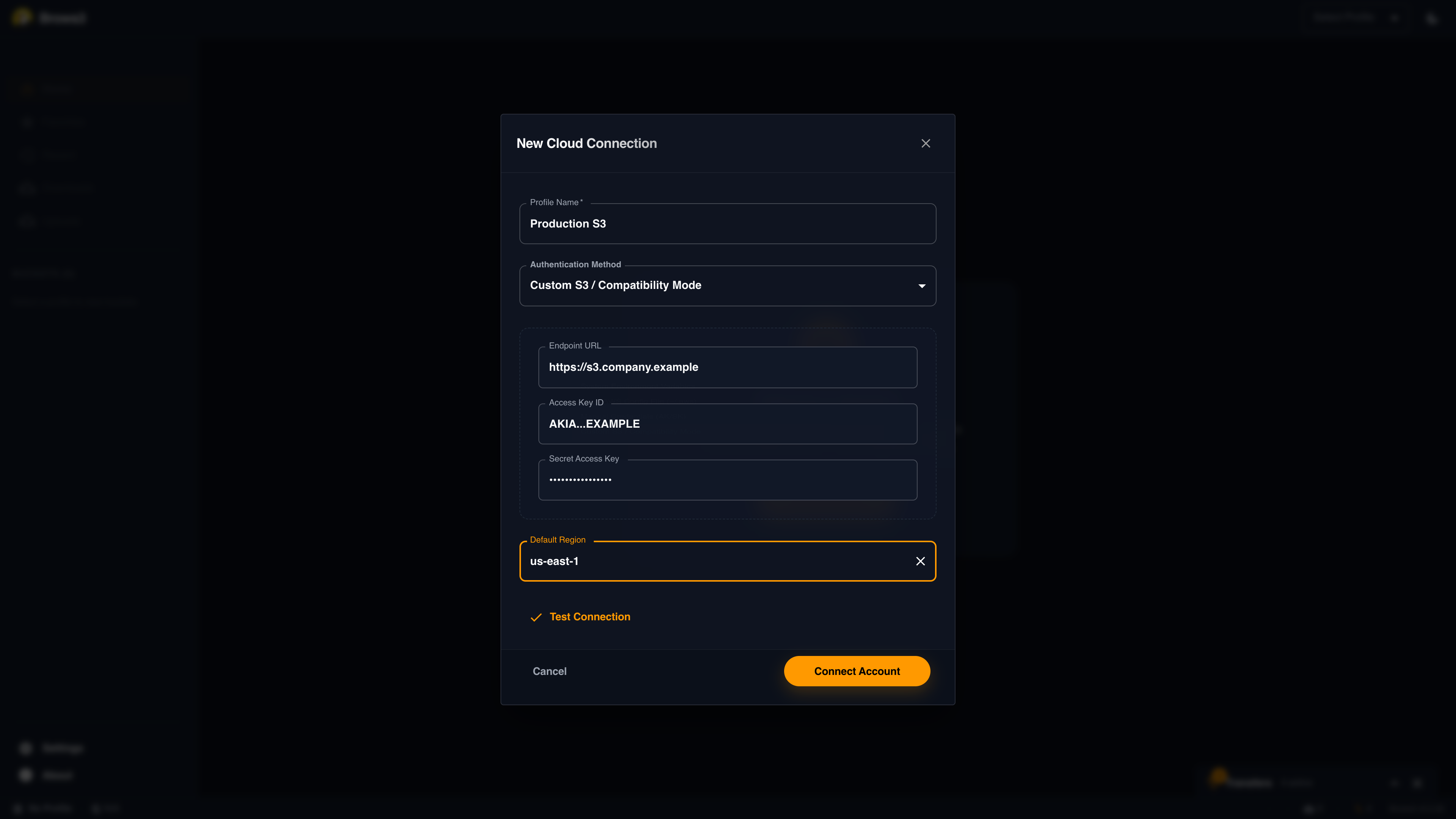 Brows3 custom S3 profile setup form with endpoint URL, access key, secret key, and region fields