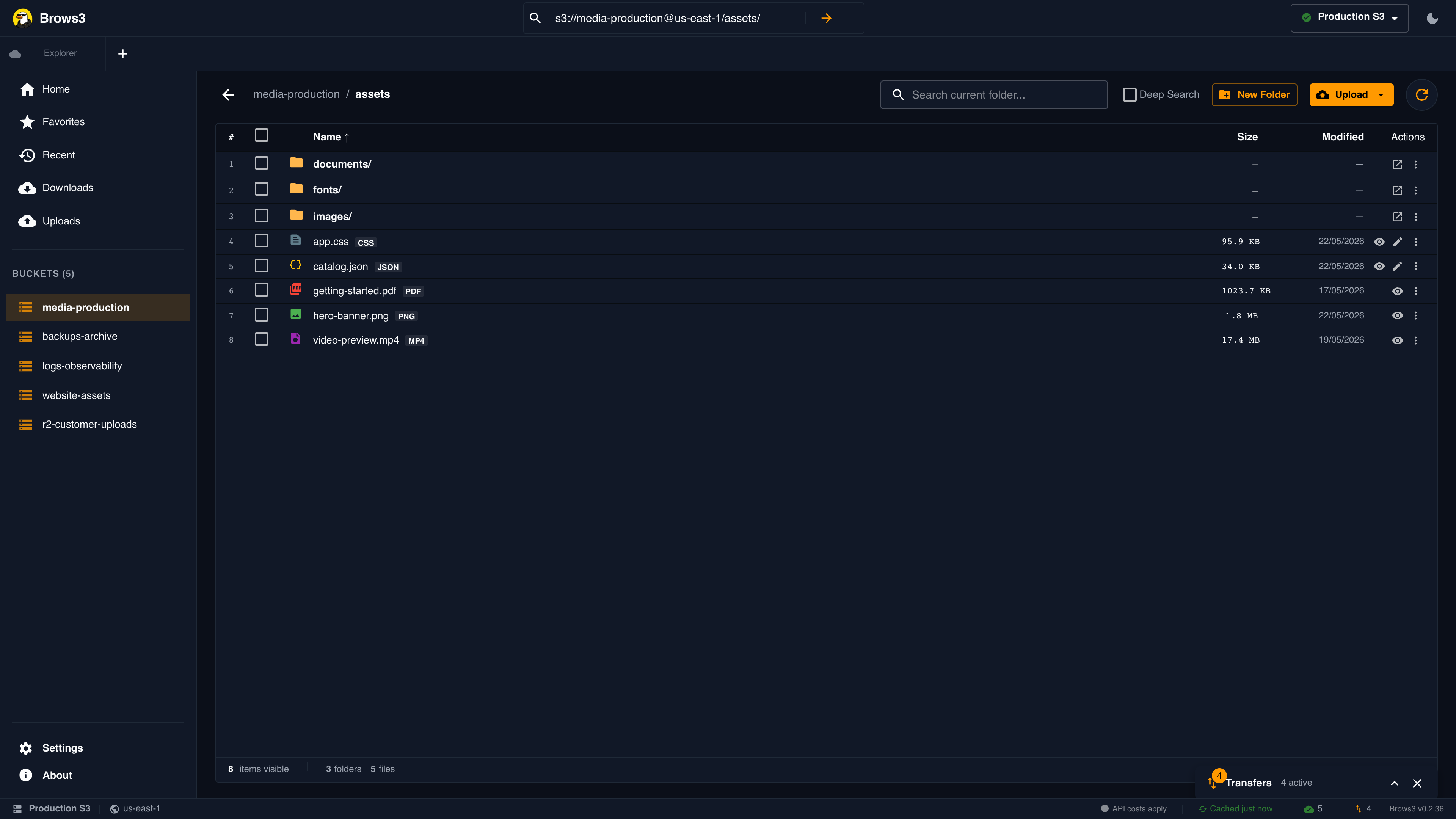 Brows3 dark mode object browser with folder search, upload, new folder, preview, edit, and object action controls