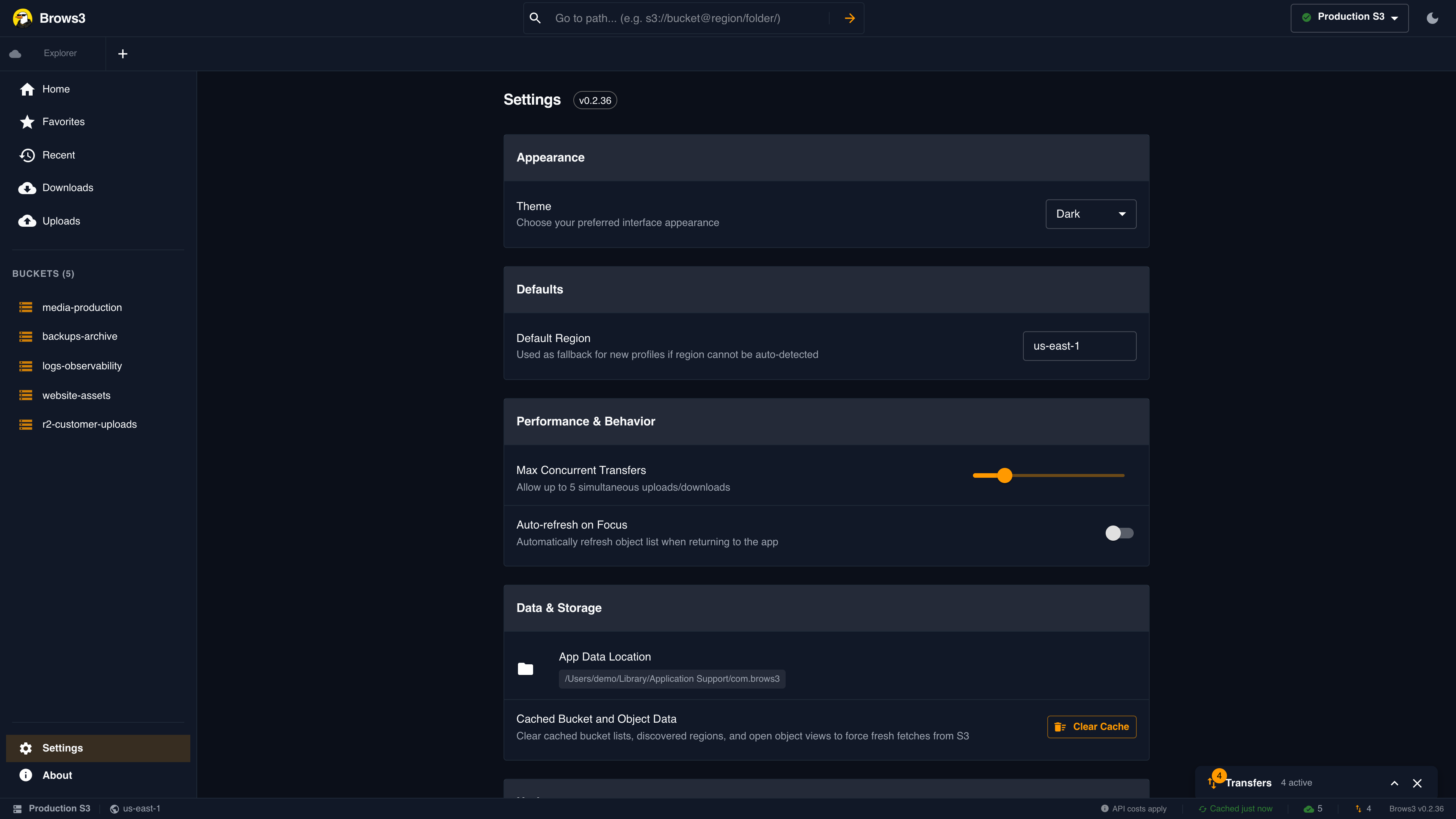 Brows3 settings page with theme, transfer concurrency, cache controls, updates, and system monitor